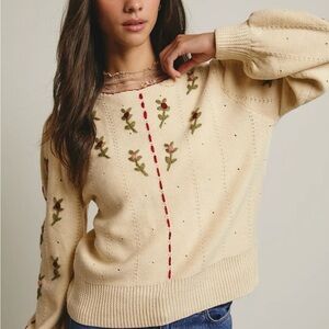 Forte Cream Crewneck Sweater with Embroidered Floral Detail